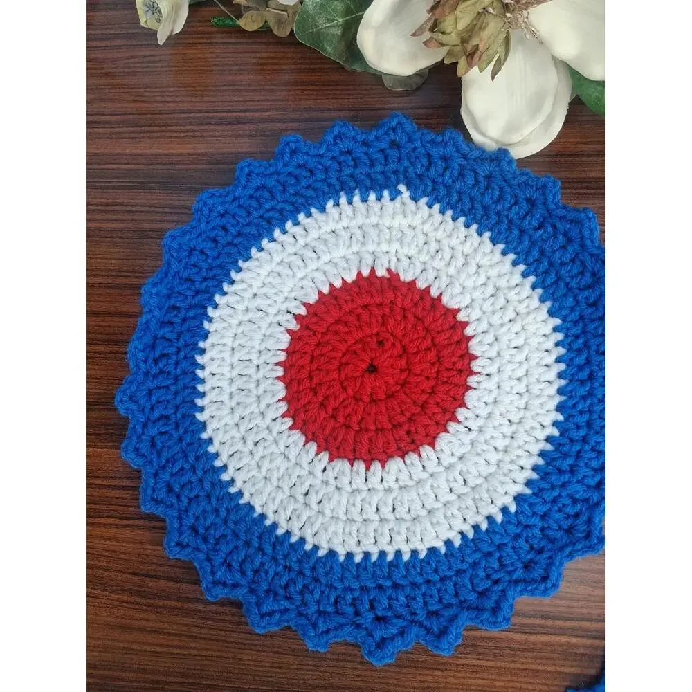 Handmade Crocheted Red White & Blue Round Doilies Placemats Americana Patriotic